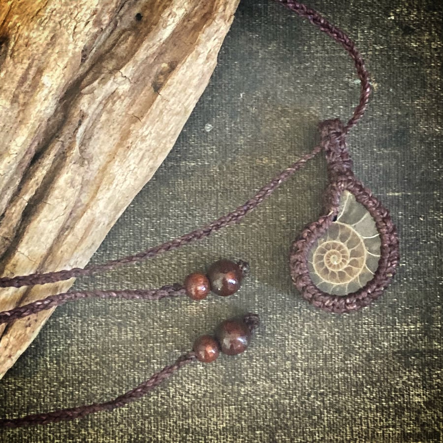 Ammonite Fossil Spiral Boho Macrame Necklace, includes Free UK delivery