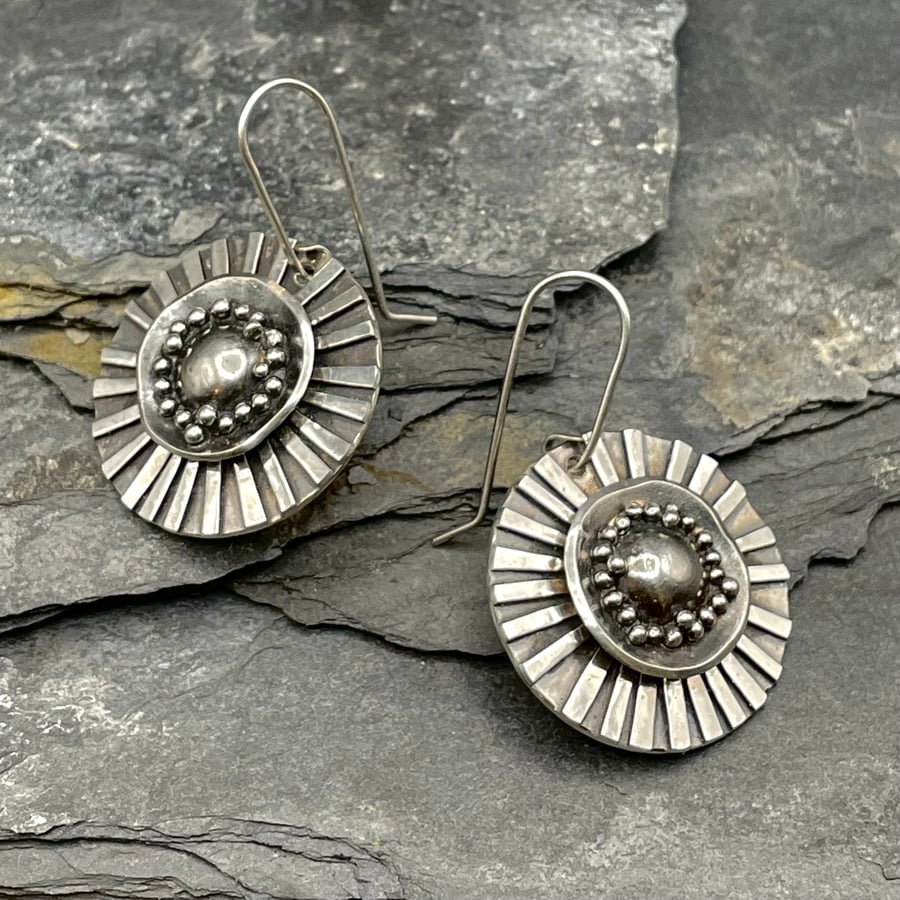 Recycled Sterling Silver Oxidised Earrings-Bauble boho Flower Earrings