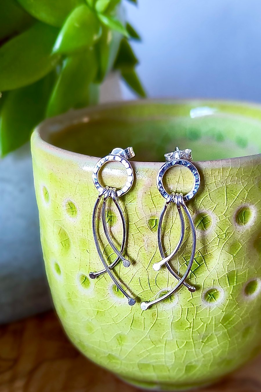 Sterling Silver Hammered Circle and Stamen Dangle Stud Earrings