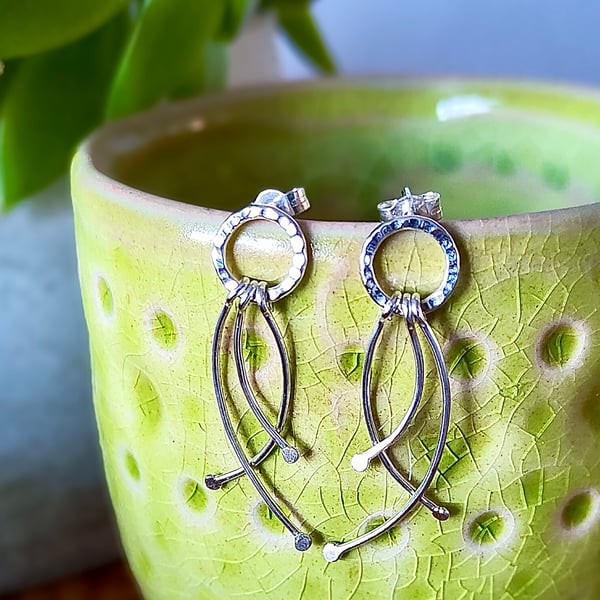 Sterling Silver Hammered Circle and Stamen Dangle Stud Earrings