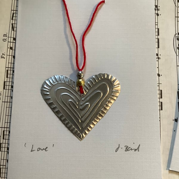 Embossed metal heart decorations. Handmade. Valentines. Wedding. Gift. 