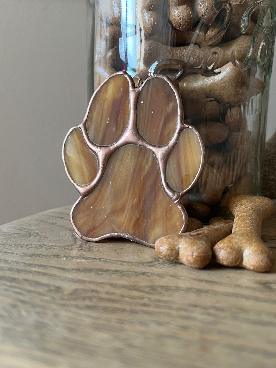 Toffee colour stained glass paw decoration - dog paw decoration cockapoo colour