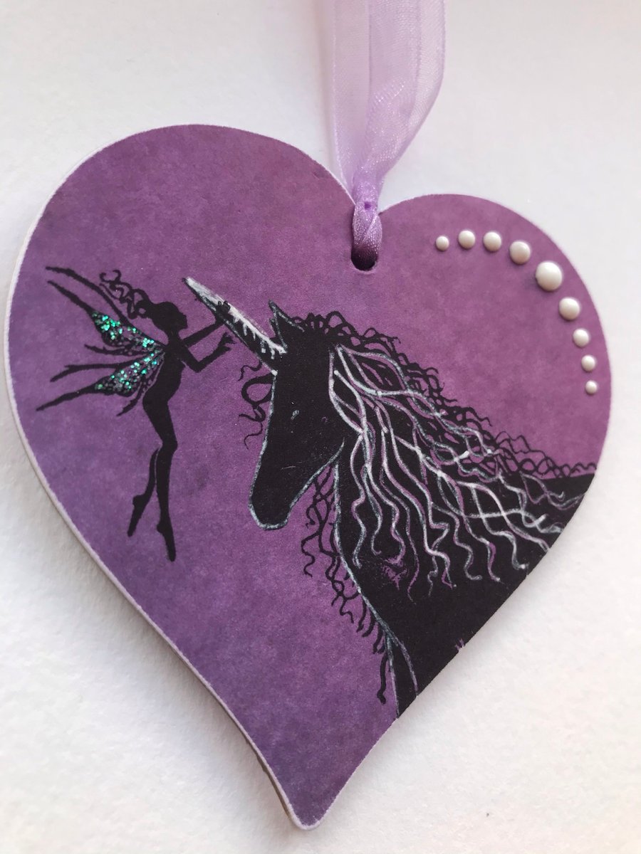 Wooden Hanging Heart - Fairy and Unicorn
