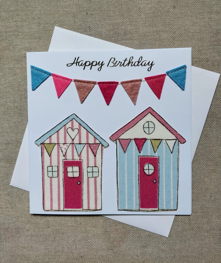 Beach huts fabric birthday card 