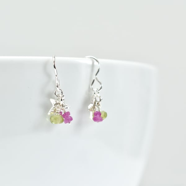 Tiny Flower with Pink Sapphire and Peridot Cluster Earrings