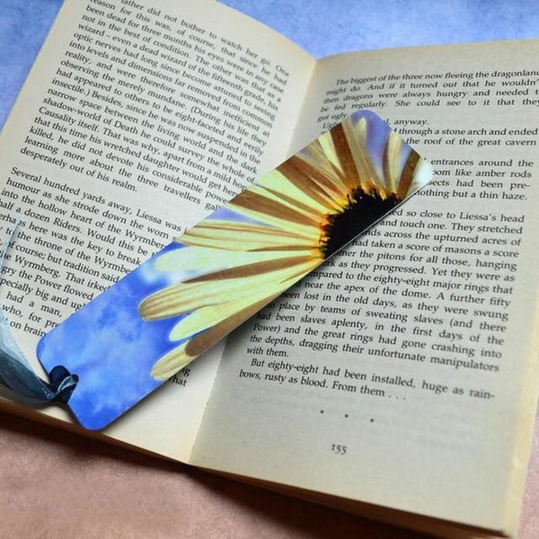 Blue skies and a sunflower photo printed aluminium bookmark