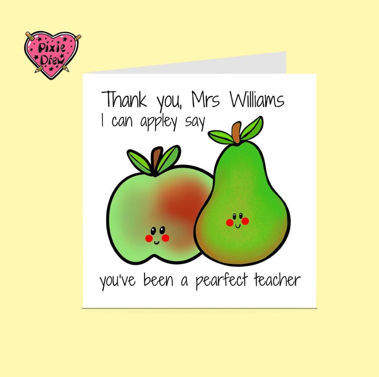 Funny Teacher Thank You Card, Cute Apple & ... - Folksy