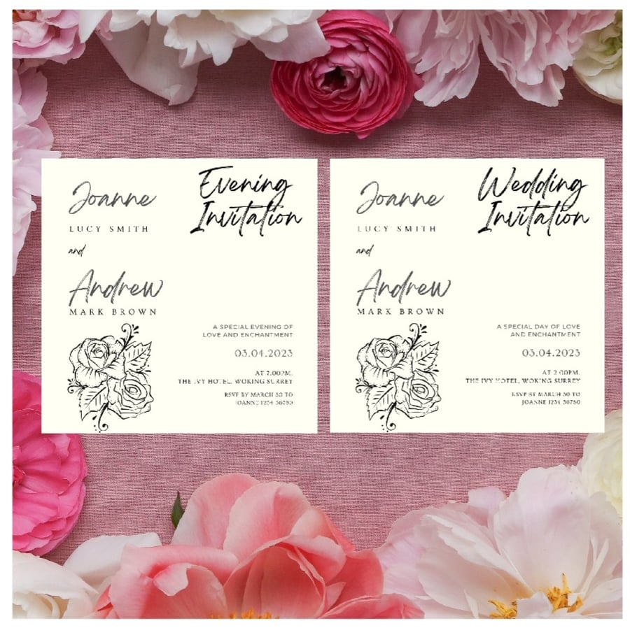 Wedding invitations and evening invitations, Rose design. Classic square 