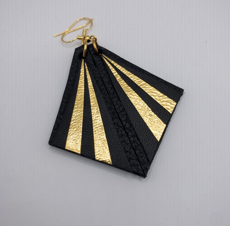 Black & Gold Art Deco style leather triangle earrings.
