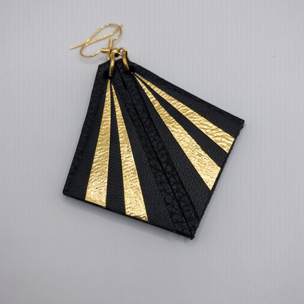 Black & Gold Art Deco style leather triangle earrings.