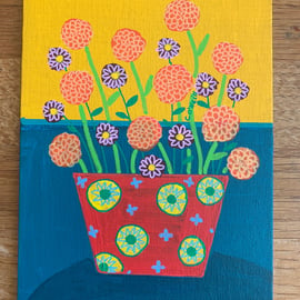 Colourful  Red Flower Pot. -  Acrylic Gouache Painting 