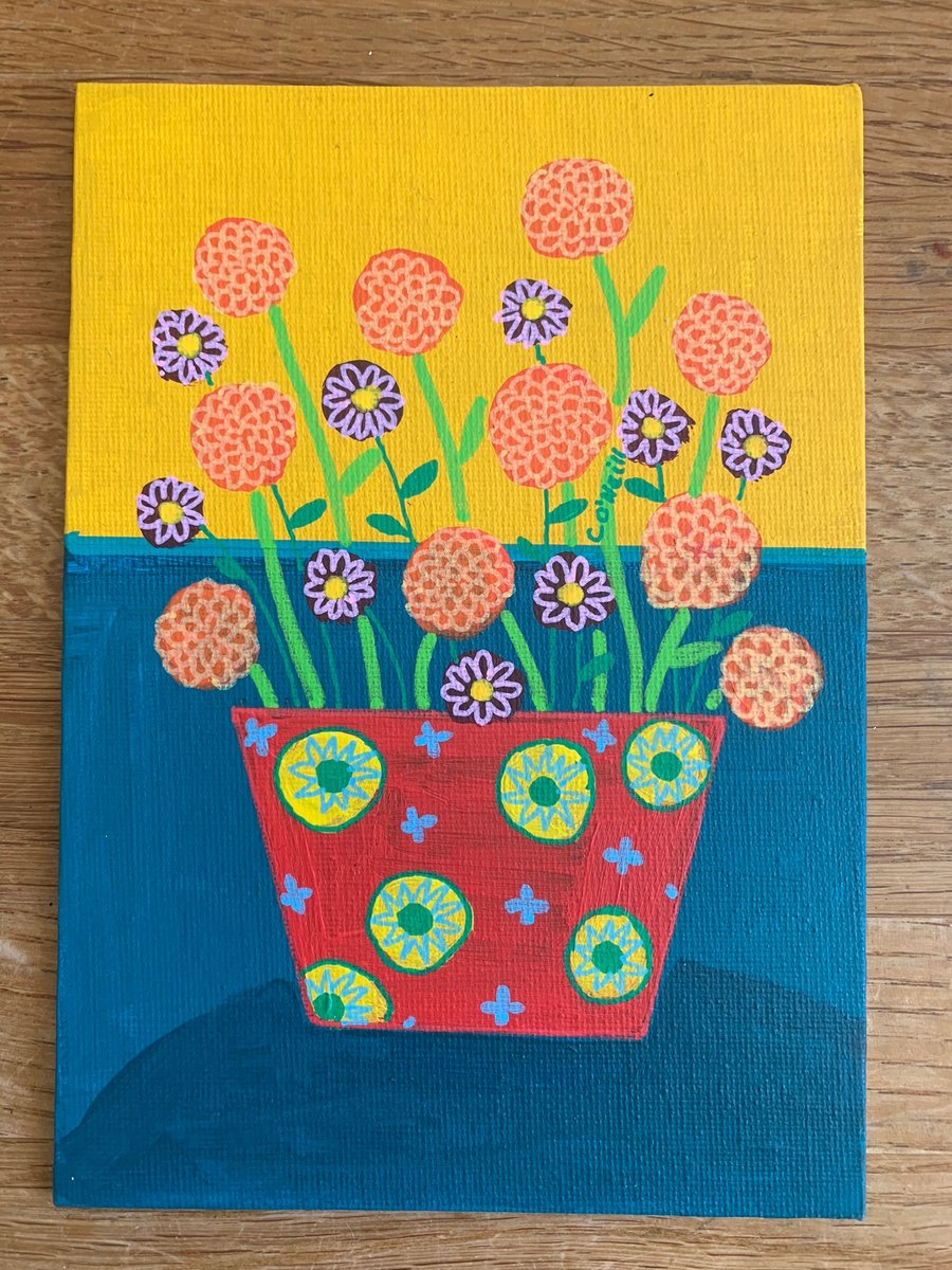 Colourful  Red Flower Pot. -  Acrylic Gouache Painting 