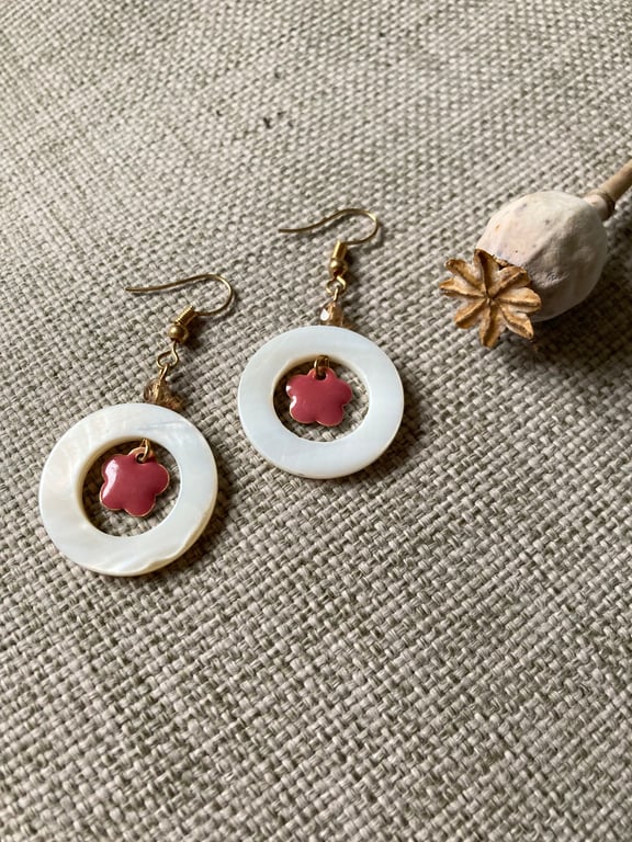 Shell hoop & flower earrings with gold crystal, PERFECTLY IMPERFECT