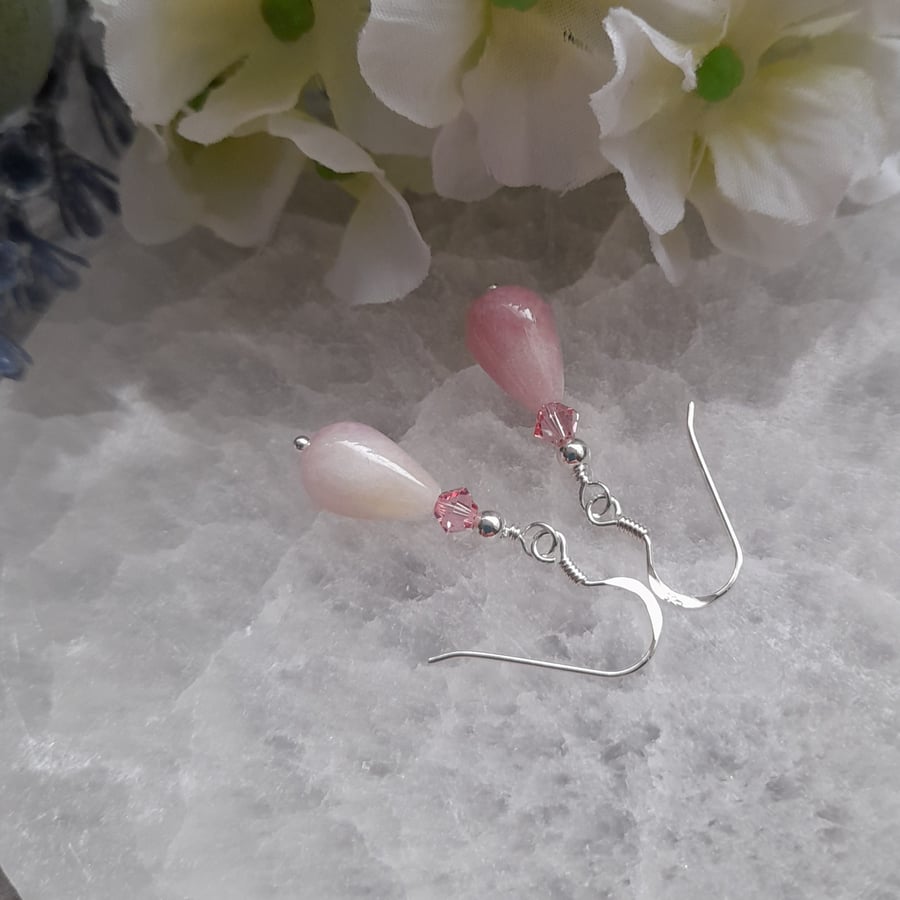 Pink Cream Coloured Quartz Dainty Drop Earrings With Crystals Sterling Silver
