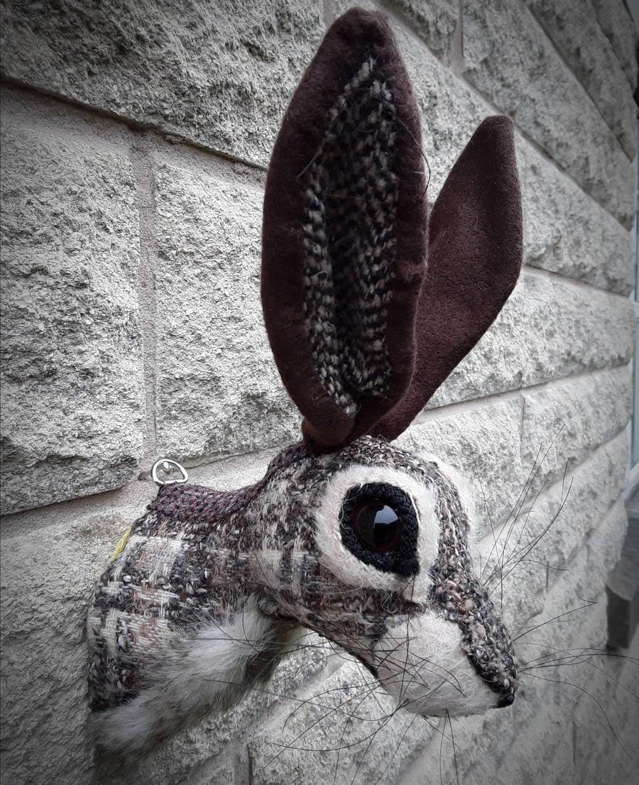 Hare head brown and beige tweed  faux taxidermy