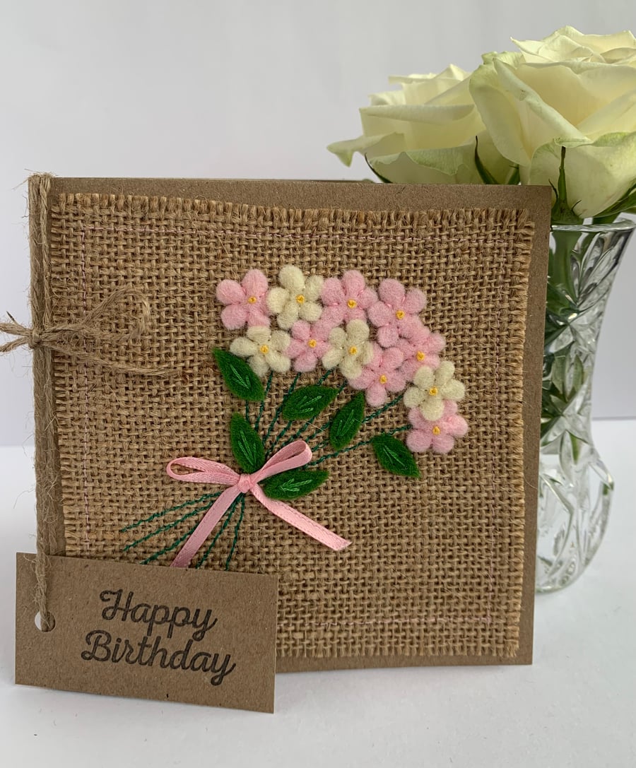 Handmade Birthday card. Pale pink and cream flowers, wool felt. Keepsake card.