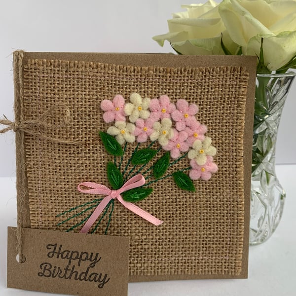 Handmade Birthday card. Pale pink and cream flowers, wool felt. Keepsake card.