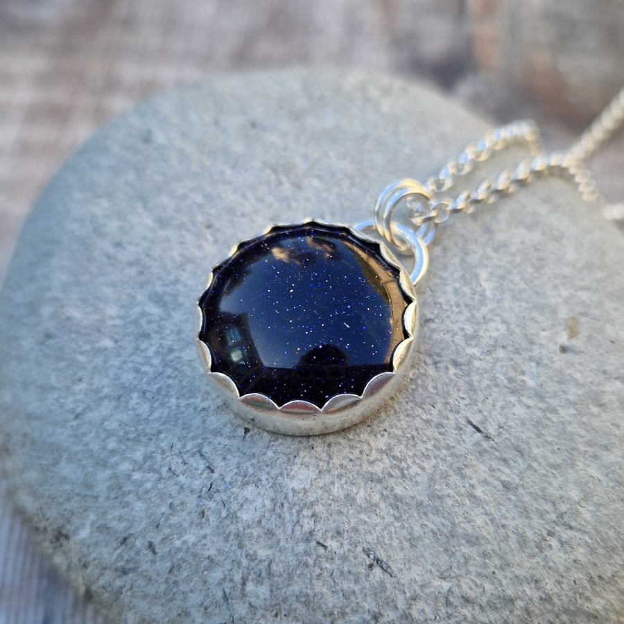 Blue Goldstone Gemstone and Sterling Silver Pendant Necklace
