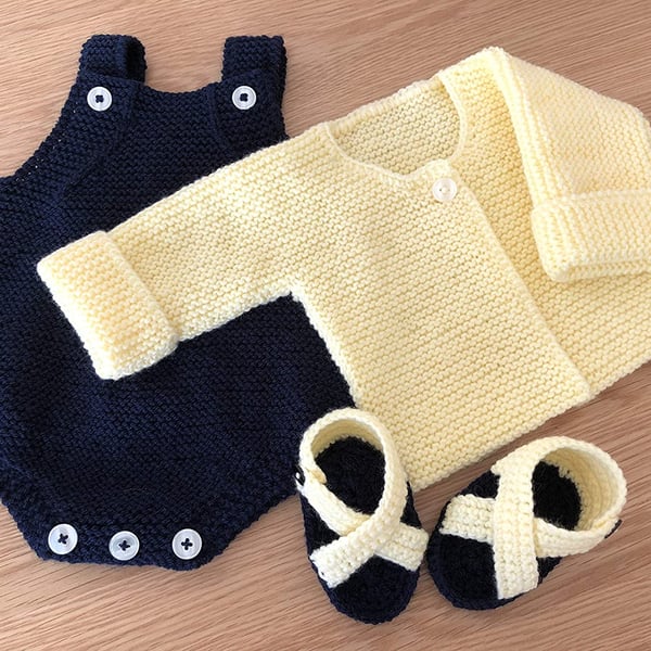 Knitted Baby Romper Set 0-3 Months: Navy, Yellow Jacket & Sandals (424)