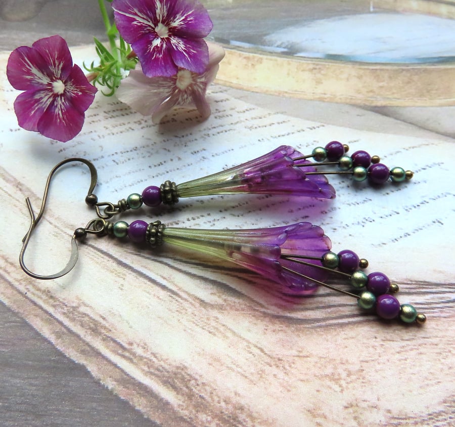 Purple and Green Hand Painted Vintage Lucite Trumpet Flower Earrings