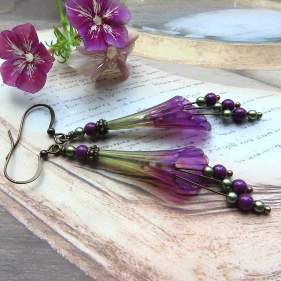 Purple and Green Hand Painted Vintage Lucite Trumpet Flower Earrings