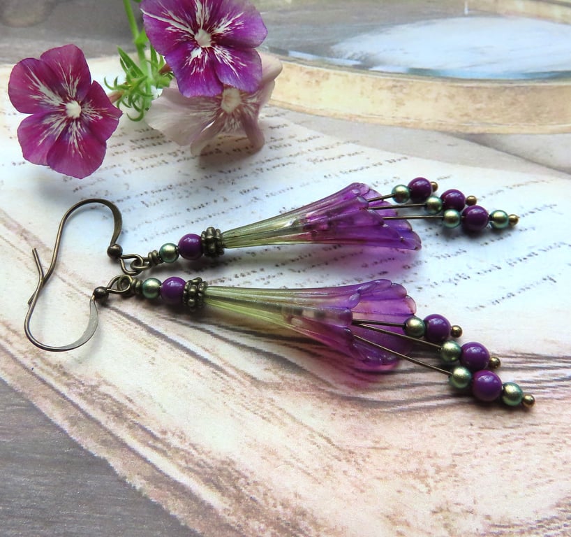 Purple and Green Hand Painted Vintage Lucite Trumpet Flower Earrings