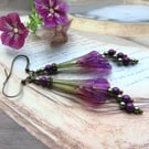 Purple and Green Hand Painted Vintage Lucite Trumpet Flower Earrings