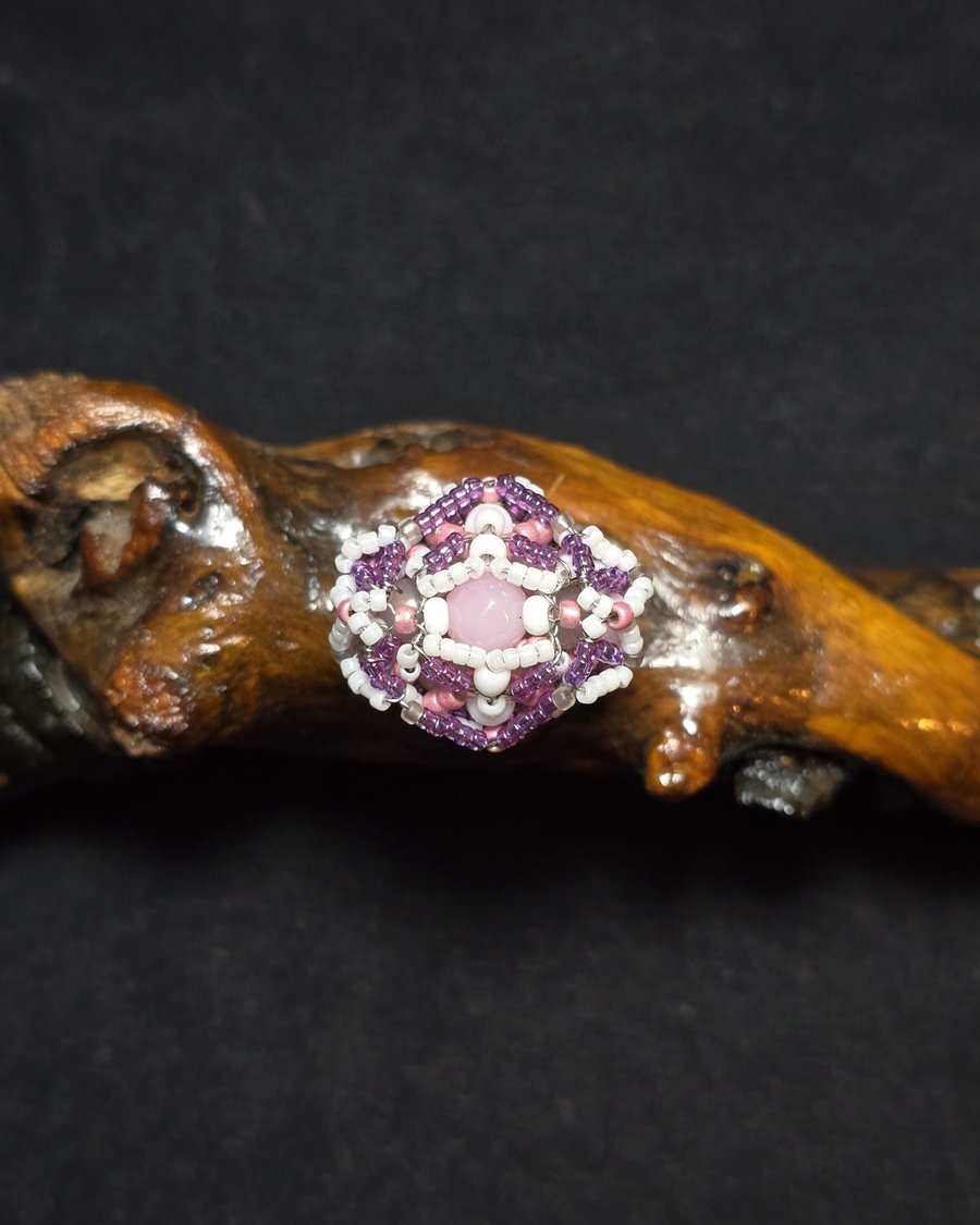 Pink White Glass Adjustable Ring 