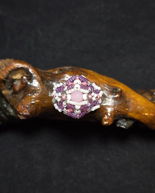 Pink White Glass Adjustable Ring 