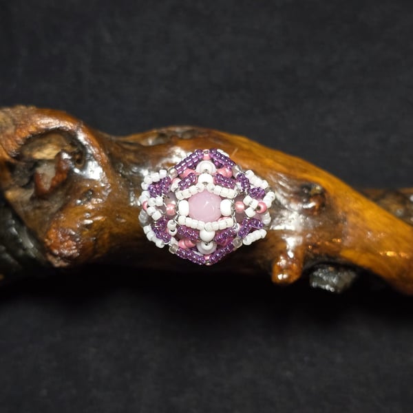Pink White Glass Adjustable Ring 