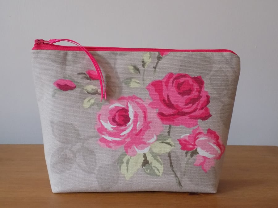 'Nancy Taupe' Floral Toiletries Bag, Large Make Up Case, Cotton Canvas Wash Bag