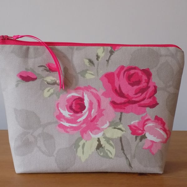 'Nancy Taupe' Floral Toiletries Bag, Large Make Up Case, Cotton Canvas Wash Bag