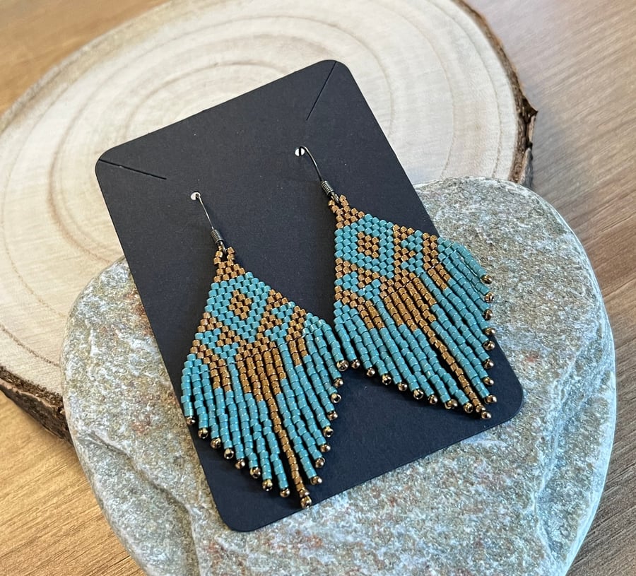 Native American mini fringe beaded earrings in blue and bronze
