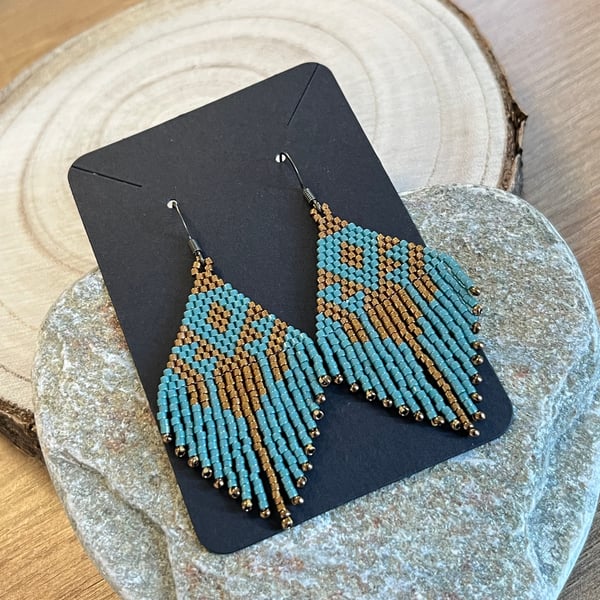 Native American mini fringe beaded earrings in blue and bronze