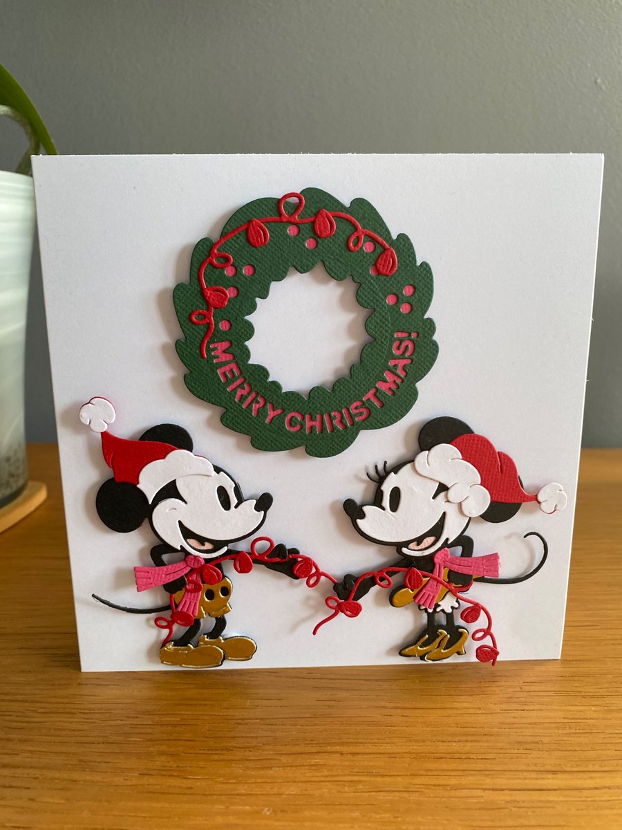 Handmade Minnie & Mickey Christmas Wreath Card