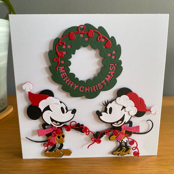 Handmade Minnie & Mickey Christmas Wreath Card