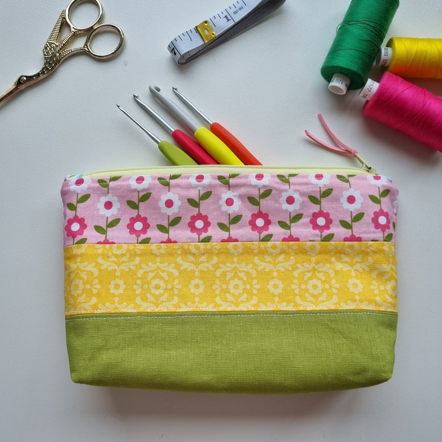 Large pencil case, zipped pouch, spring multi colour, notions case, make-up bag