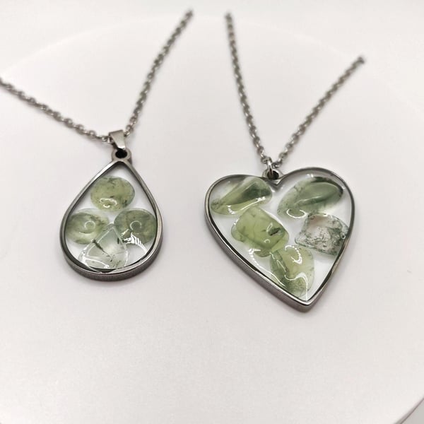 Handmade Green Aventurine Resin Pendant: Natural Gemstone Necklace