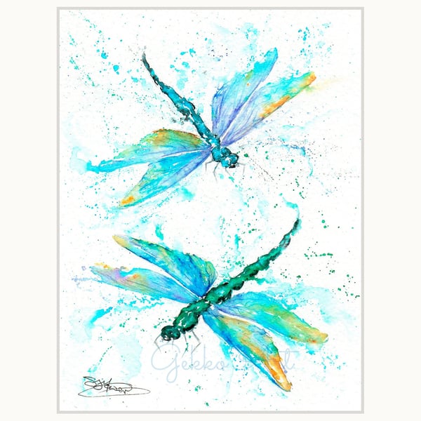 Dragonflies Blue, A  Fine Art Print from an Original Watercolour Painting