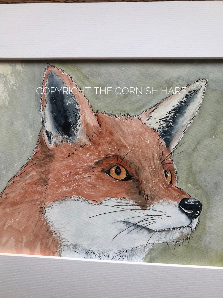 Original watercolour of Felix the Fox, mounted  FREE POSTAGE  