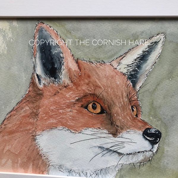 Original watercolour of Felix the Fox, mounted  FREE POSTAGE  