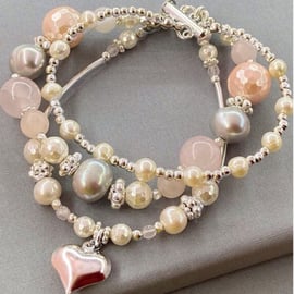 3 in 1 Beaded Bracelet with Shell & Cultured Pearls, Rose Quartz and Heart Charm