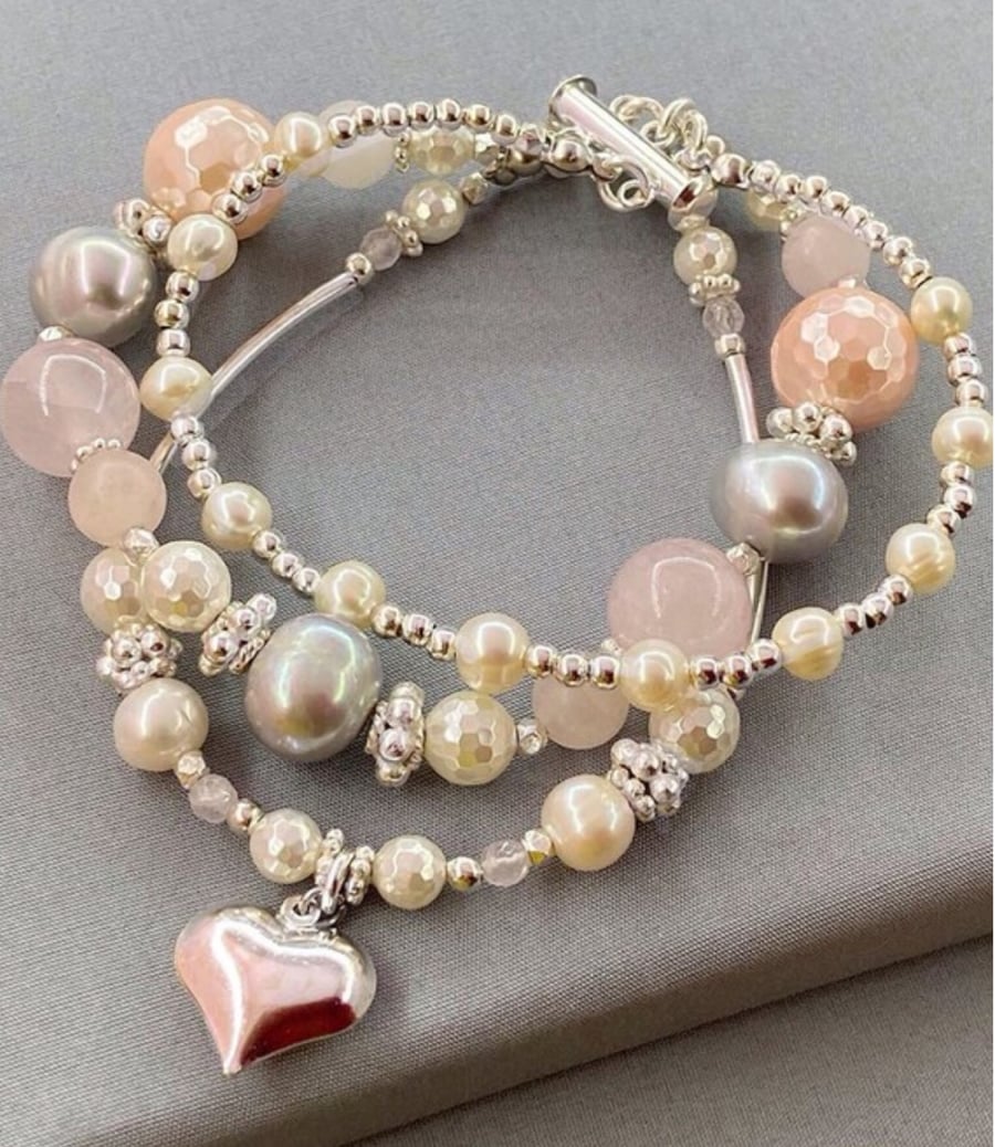 3 in 1 Beaded Bracelet with Shell & Cultured Pearls, Rose Quartz and Heart Charm