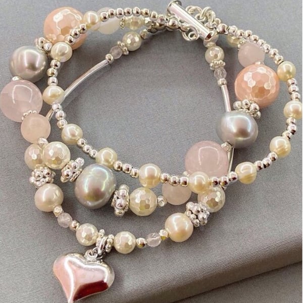 3 in 1 Beaded Bracelet with Shell & Cultured Pearls, Rose Quartz and Heart Charm