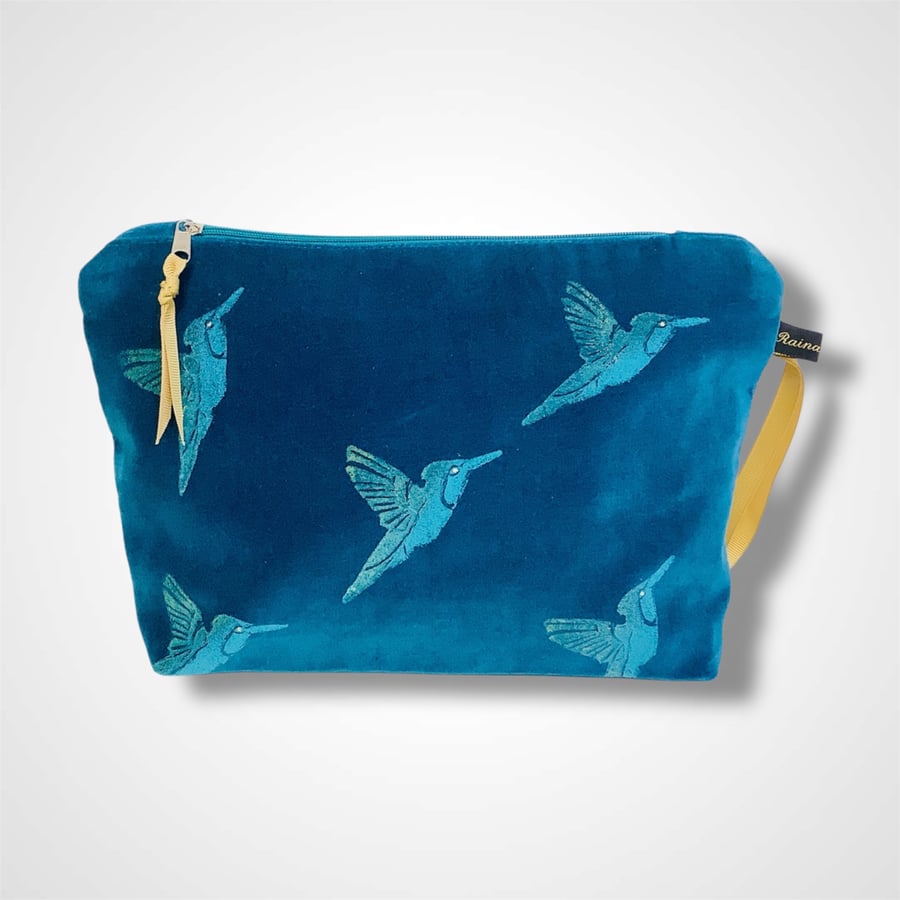 Teal Hummingbirds Velvet Makeup Bag