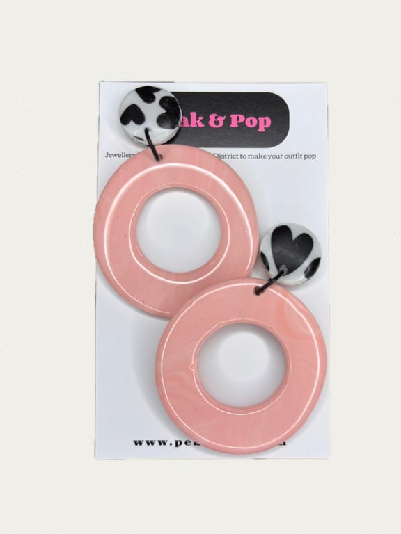 Pink Donut Hoop Earrings with Black & White Heart Studs – Statement Polymer Clay