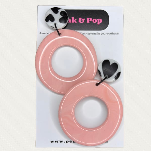Pink Donut Hoop Earrings with Black & White Heart Studs – Statement Polymer Clay