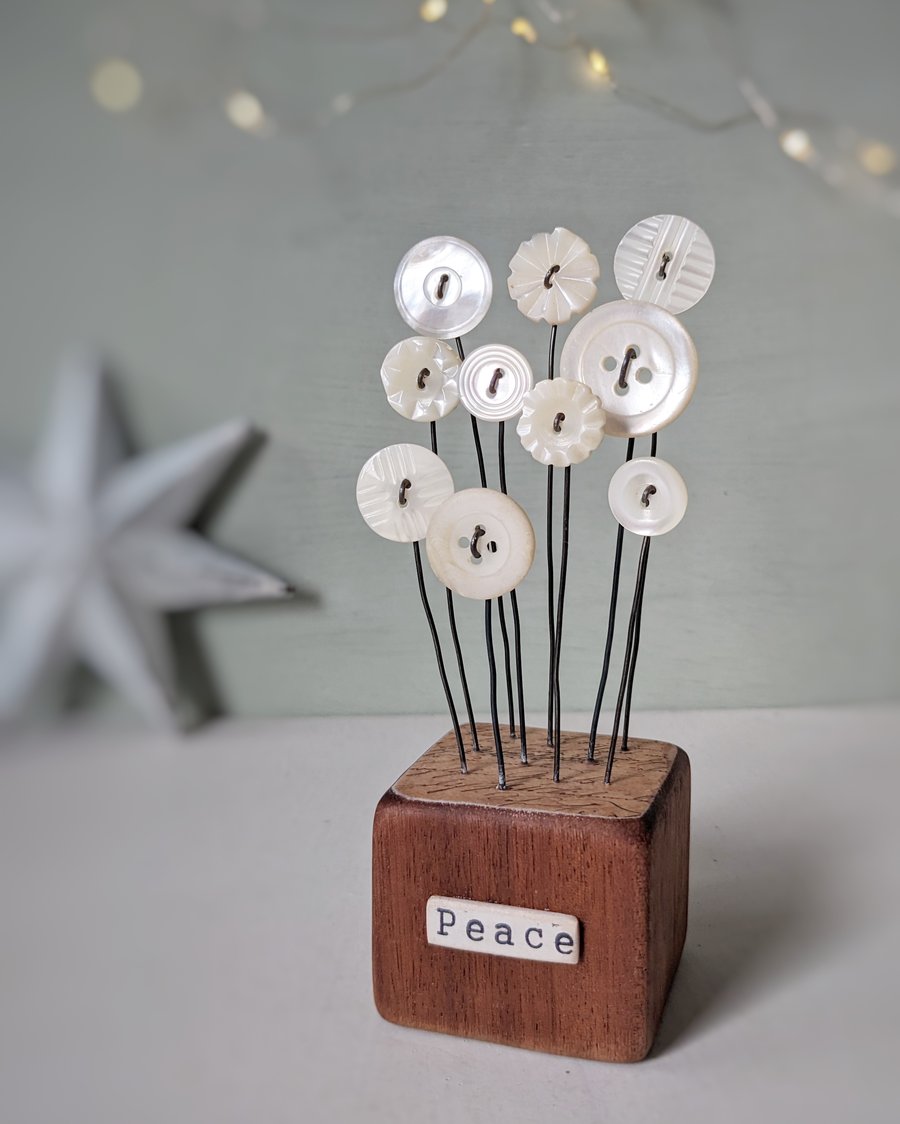 Mother of Pearl Buttons in a Wood Block 'Peace'