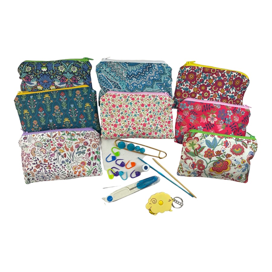kit for Knitters and crochet in liberty fabric and filled with craft tools, flor
