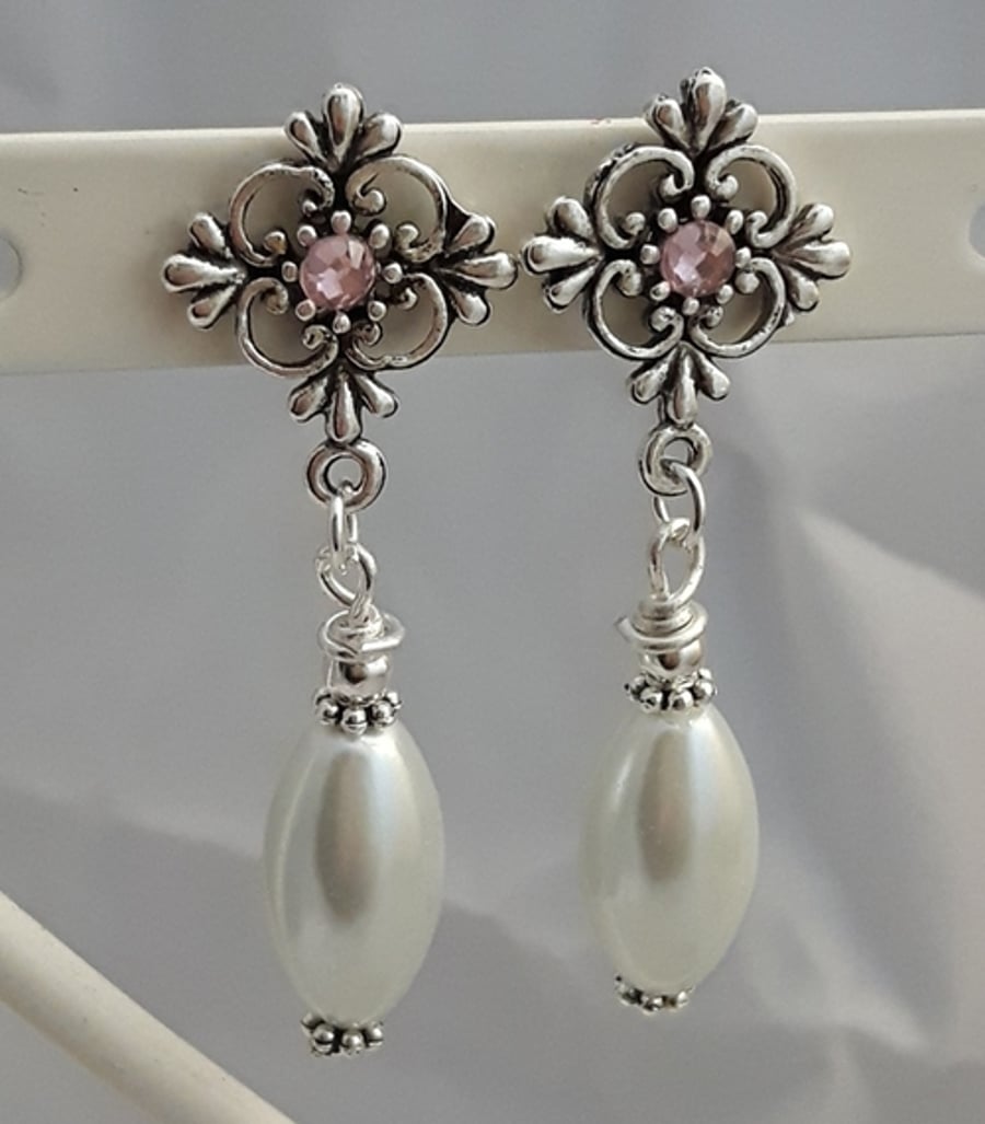 Beaded Vintage Style Filigree Cross Stud Pearl Drop Earrings white silver